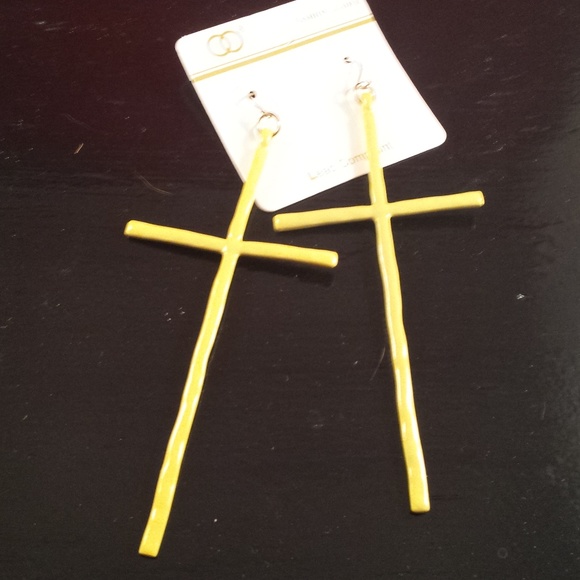 Yellow Enamel Hammered Metal Large Cross Earrings - Picture 4 of 4